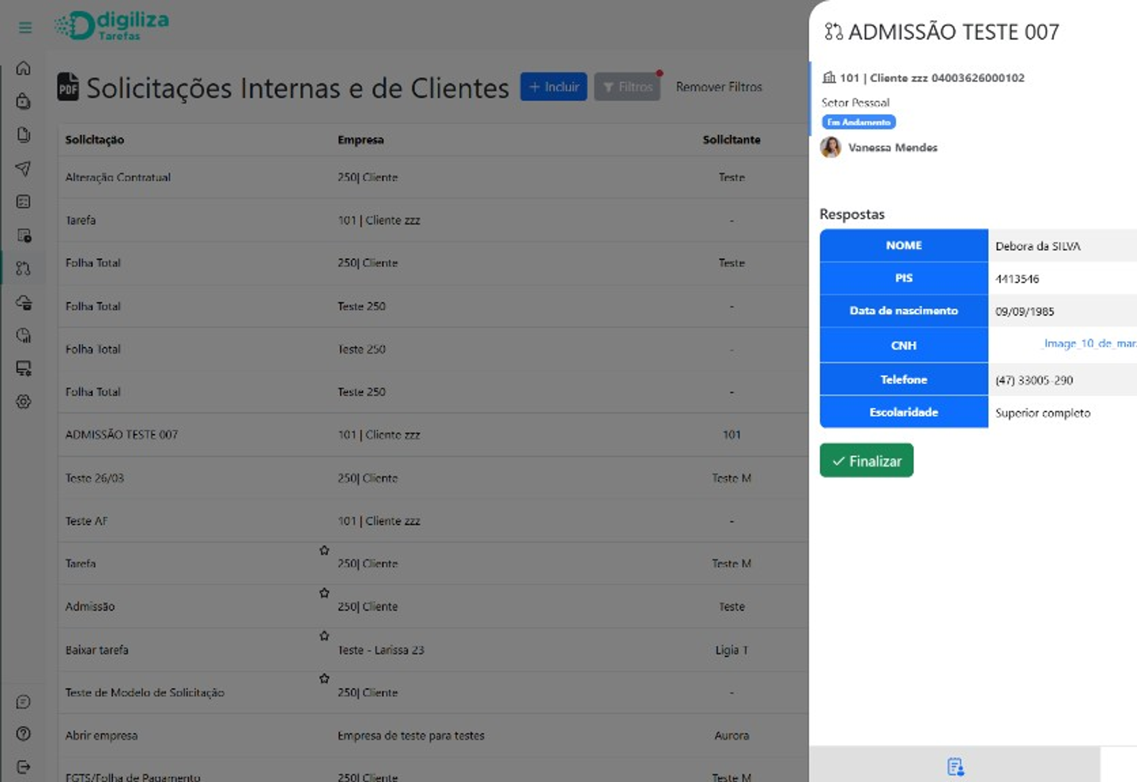 Módulo de solicitações internas e de clientes